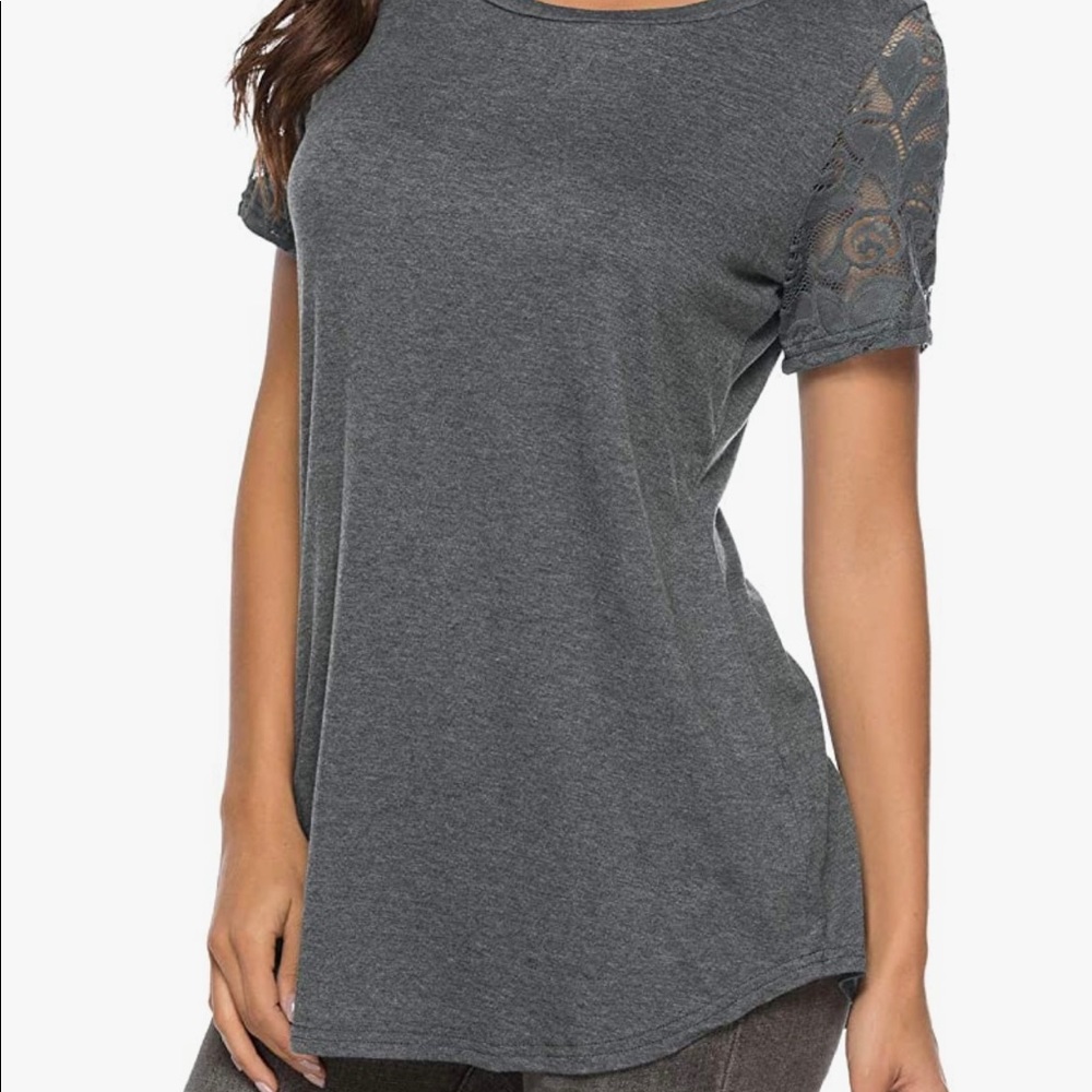 Gray Short Sleeve Top Lace Sleeves